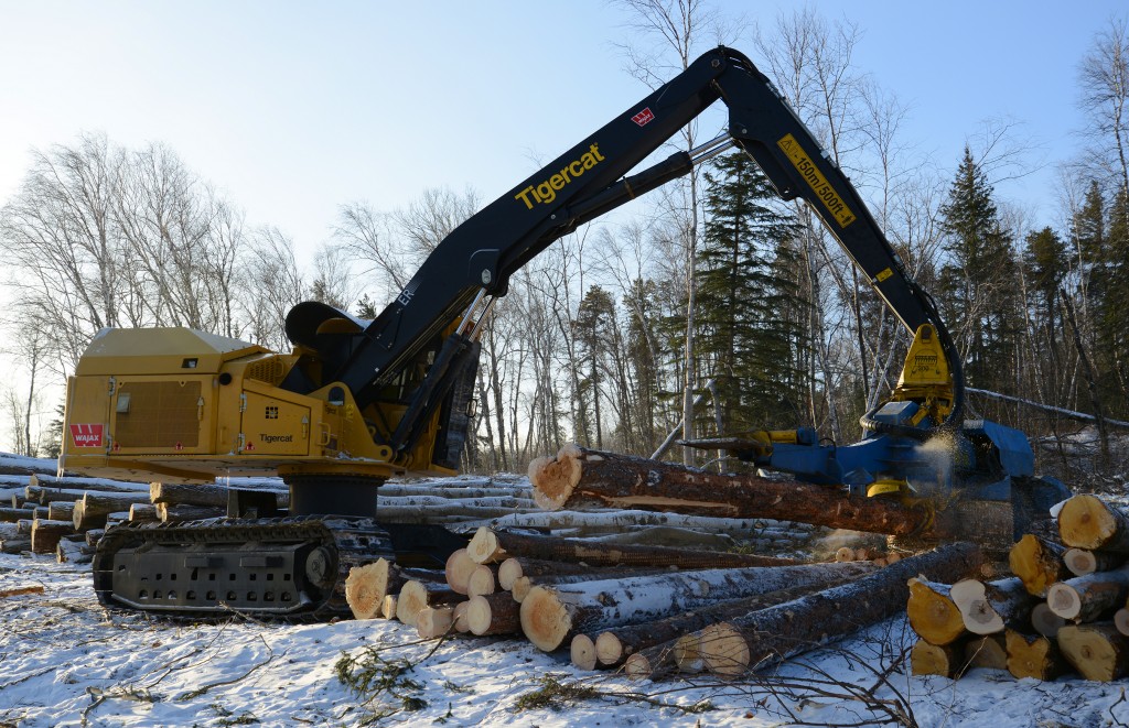 Intermountain’s H855C processing sixteen foot spruce. The machine is equipped with the optional raised pedestal for improved visibility and capability when working around higher decks.