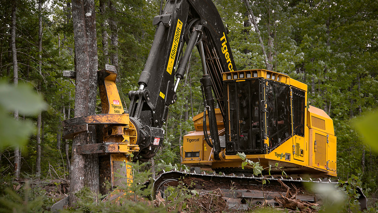 Image of a 845E track feller buncher with the 5400 felling head