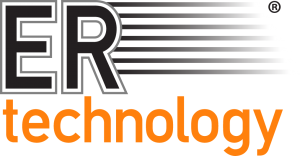 Logo da tecnologia ER: as letras "E" e "R" acima da palavra "tecnologia". Marca comercial registrada
