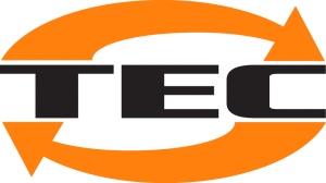 Logo TEC. Les lettres « T, E, C » pour Tigercat Exchange Components. Une flèche pointe de la lettre T vers la C et une autre de la C vers la T ; reflétant l'idée de recyclage ou d'échange.