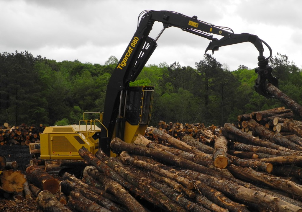 Un logger 880 rodeado de troncos cortados a medida en un patio astillero de Georgia.