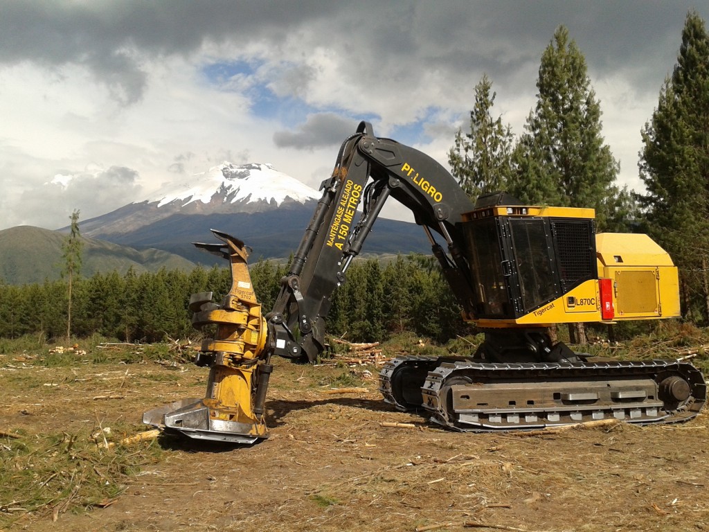 Um feller buncher L870C da Tigercat estacionado em um local de trabalho. Árvores em pé ocupam o terreno intermediário atrás do buncher, e um vulcão pode ser visto à distância, à esquerda.