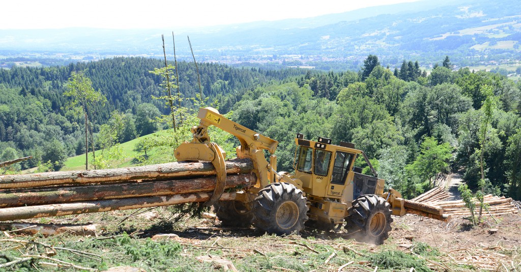 The 610E grapple skidder equipped with front blade grapples for sorting logs and transporting shortwood.