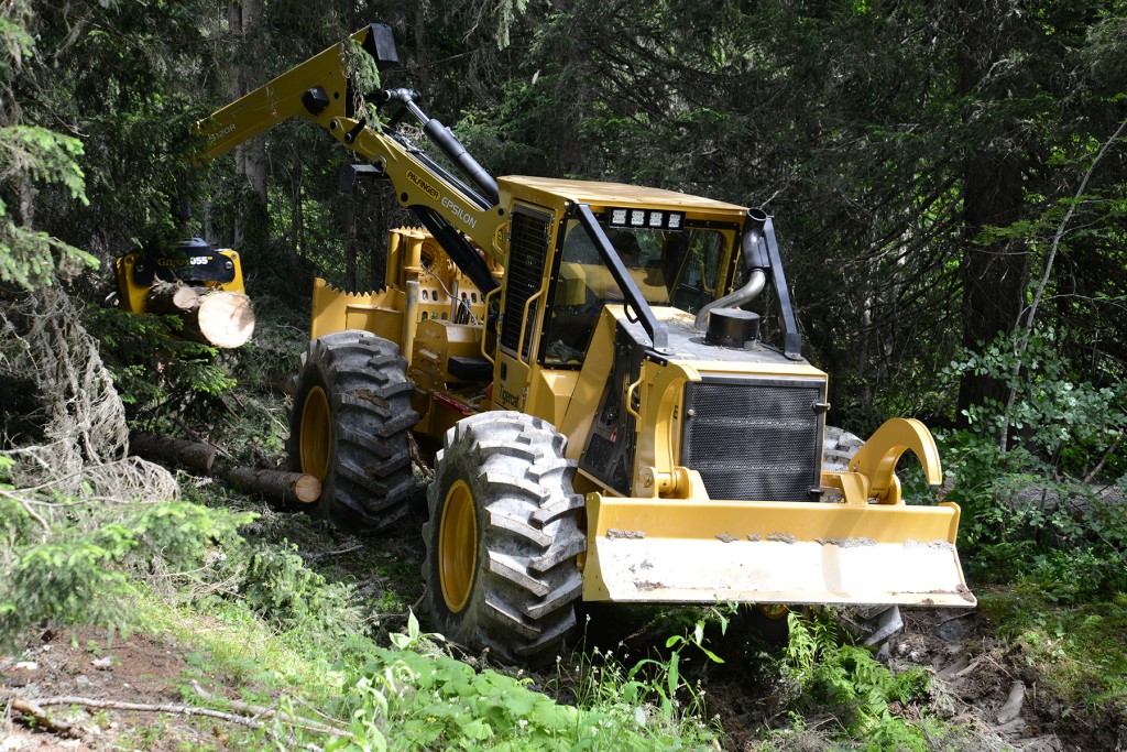  Un skidder DW610E con grúa sale del bosque con la garra llena de madera. 