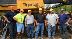 (L-R) Scott Earle (Tigercat district manager); Brian Souers (owner of Treeline); Steve Ouellette (president, Frank Martin Sons); Keith Michaud (sales specialist, Frank Martin Sons); Jim Michaud (loader and chipper operator); Kevin Osnoe (feller buncher operator).
