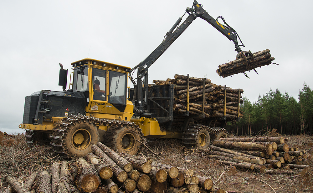 Logs line the foreground leading your eye toward a Tigercat 1075B, lifting a grapple full of cut-to-length logs into the bunks of the carrier. 