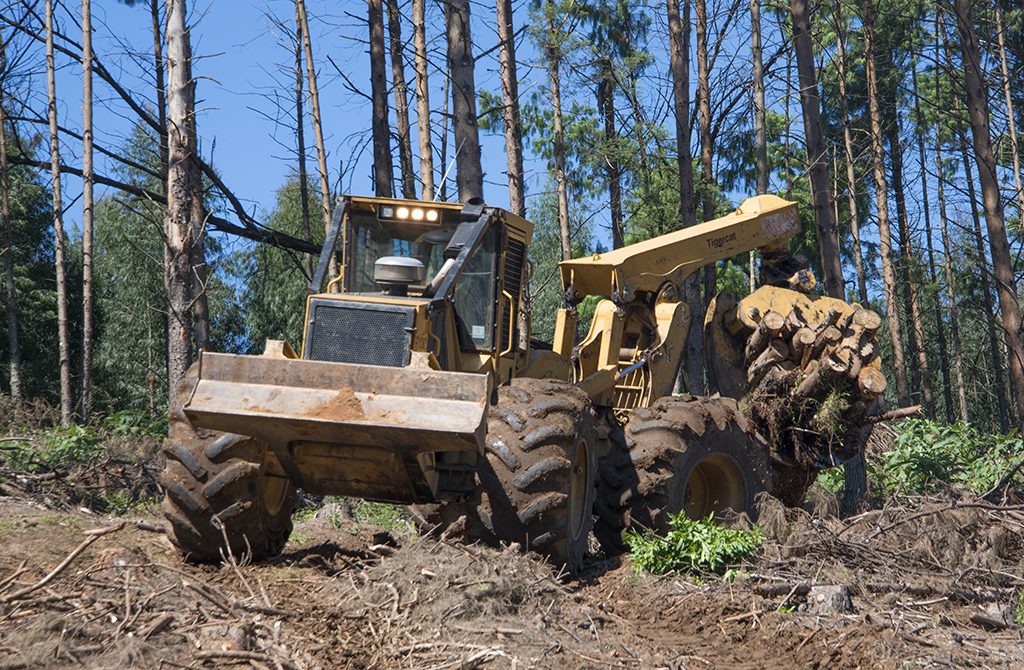 Um skidder Tigercat puxando um feixe.