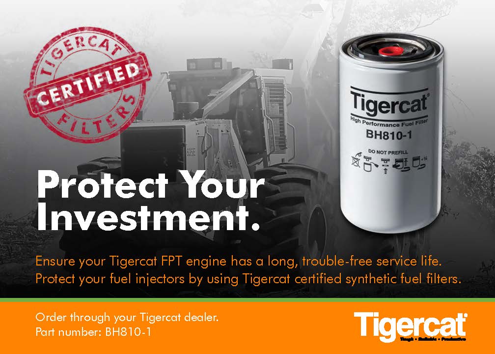 Tigercats certifierade filter: Skydda din investering. Se till att din Tigercat FPT-motor får en lång och problemfri driftslivslängd. Skydda dina bränsleinsprutare genom att använda Tigercats certifierade syntetiska bränslefilter. Beställ via din lokala Tigercat-återförsäljare. Artikelnummer: BH810-1