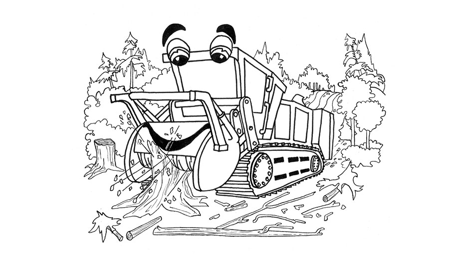 High res image download of the mulcher page from the Tigercat colouring kids colouring book