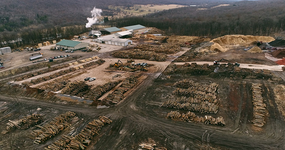 Eby’s Sawmill and wood yard nestled in the rolling hills of Clearville, Pennsylvania.
