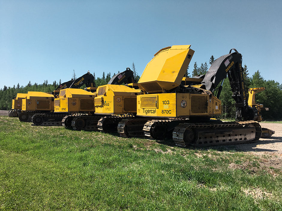 5 Tigercat 870C feller bunchers sit in a row. 