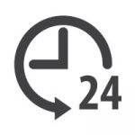 Illustration of a clock with an arrow pointing to the number 24. Representing "24/7" or around the clock.