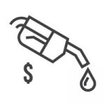 Illustrated icon of a fuel nozzle dripping, a dollar sign is below it to represent fuel costs