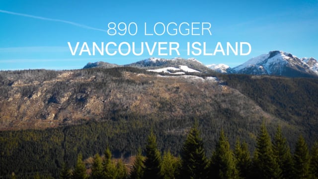 890 Video thumbnail: the words 890 Logger, Vancouver Island span across an image of mountains