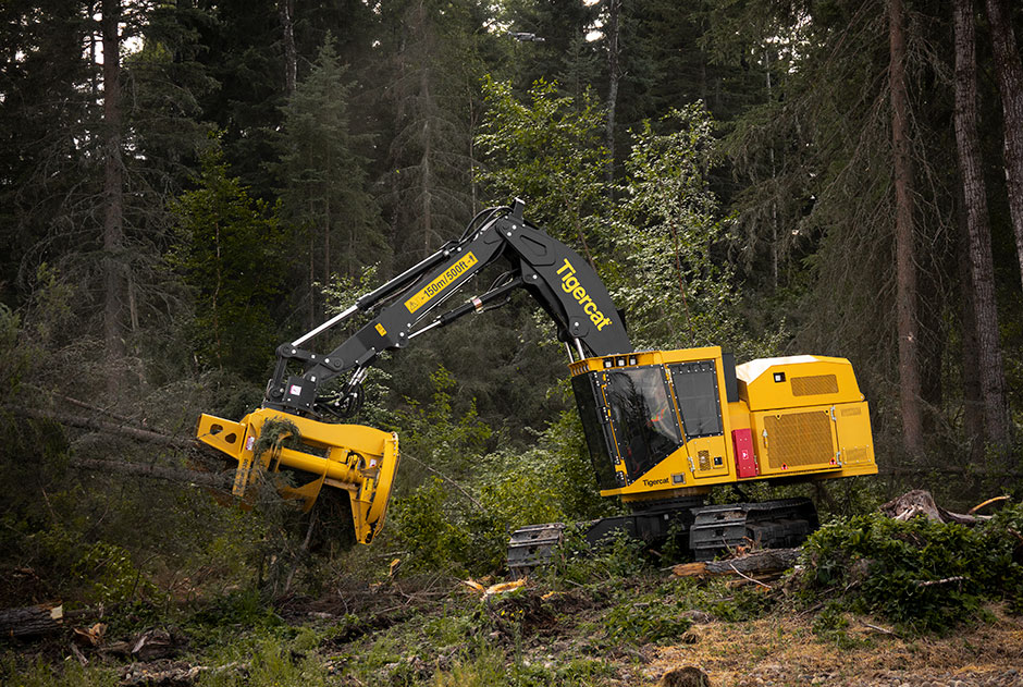 Feller buncher 855E de Tigercat equipado con una sierra de acumulación 5300