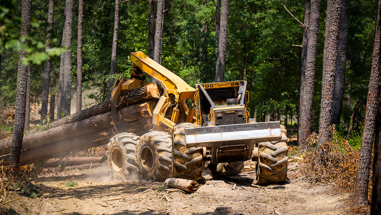 Image of a Tigercat 635H bogie skidder working in the field