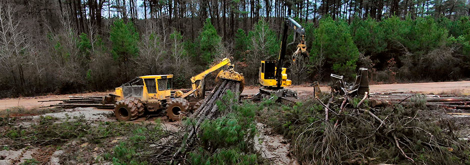 Skidder pulling to a loader in wet terrain