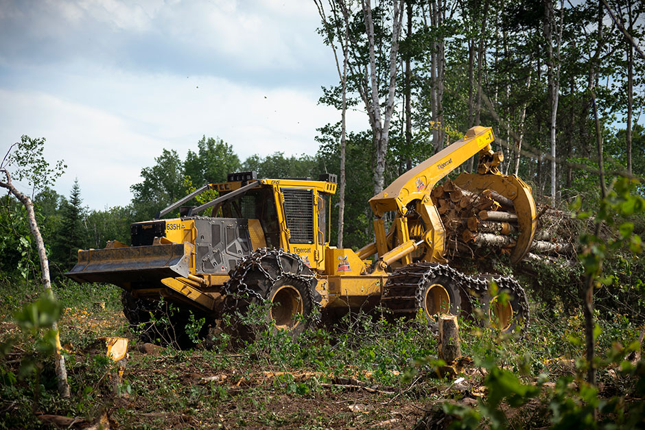 El skidder 635H trabaja en el bosque de Quebec.