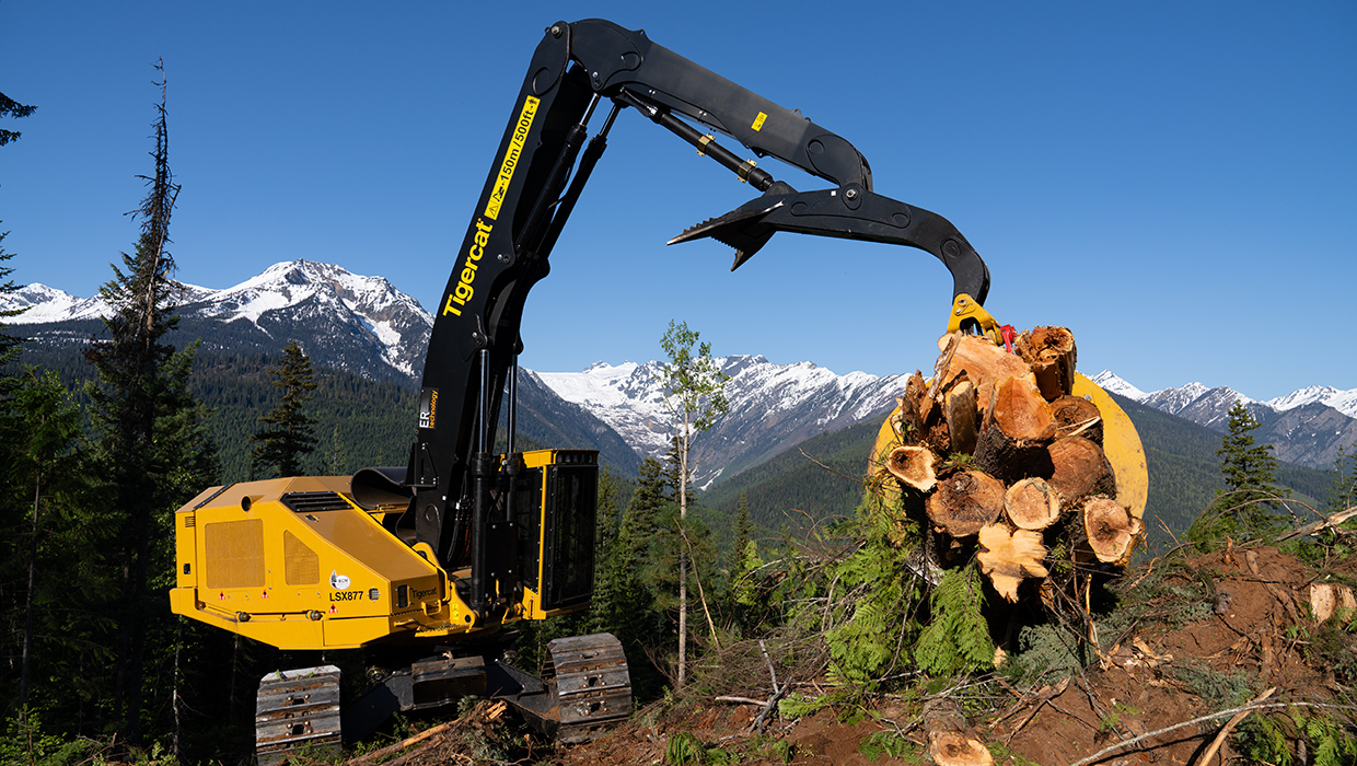 Image of a Tigercat LX877 equipped with a BG13 grapple working in the field