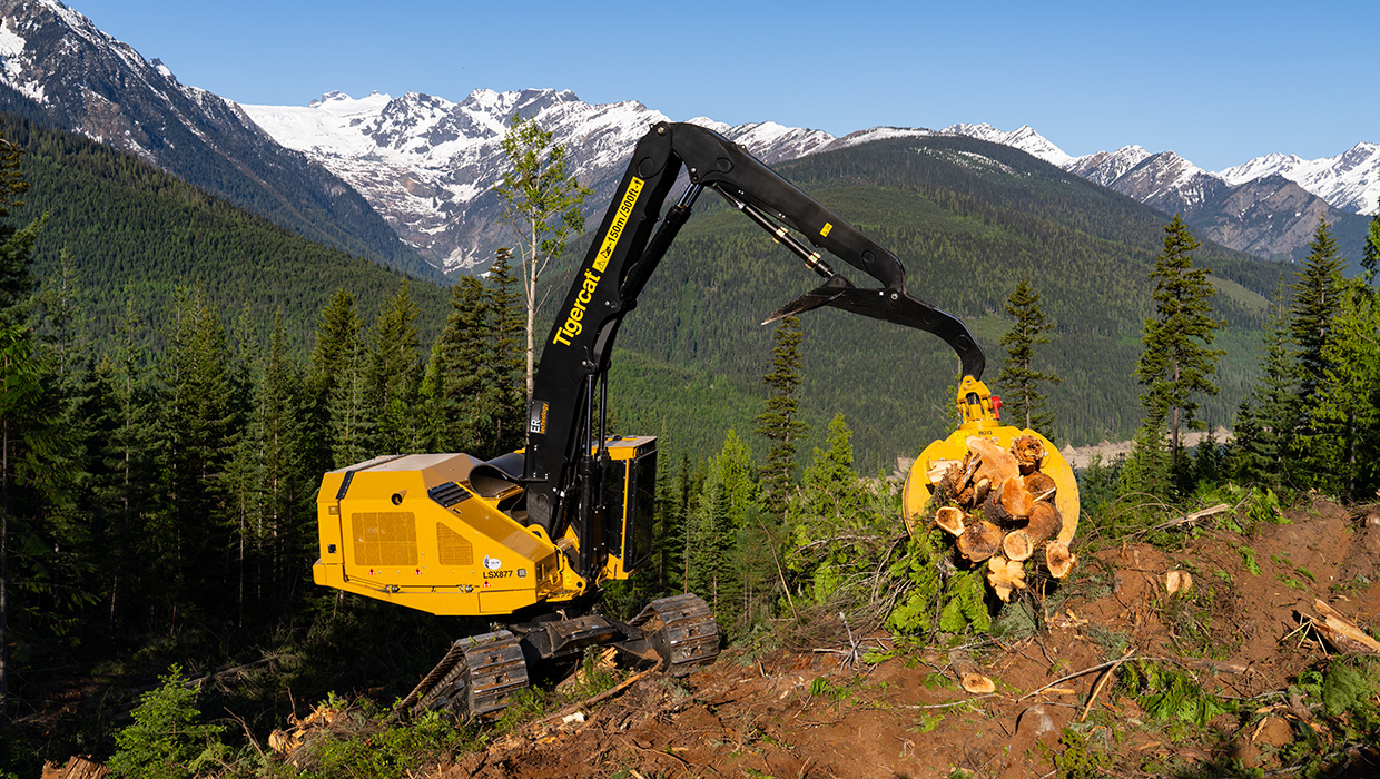 Image of a Tigercat LX877 equipped with a BG13 grapple working in the field
