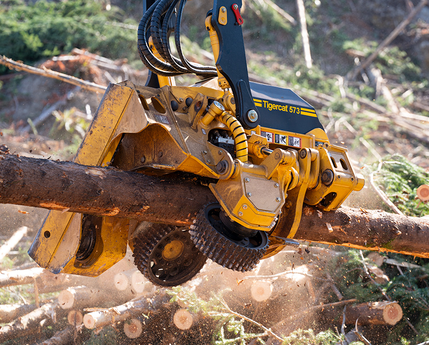 Image of a Tigercat 573 harvesting head processing a tree