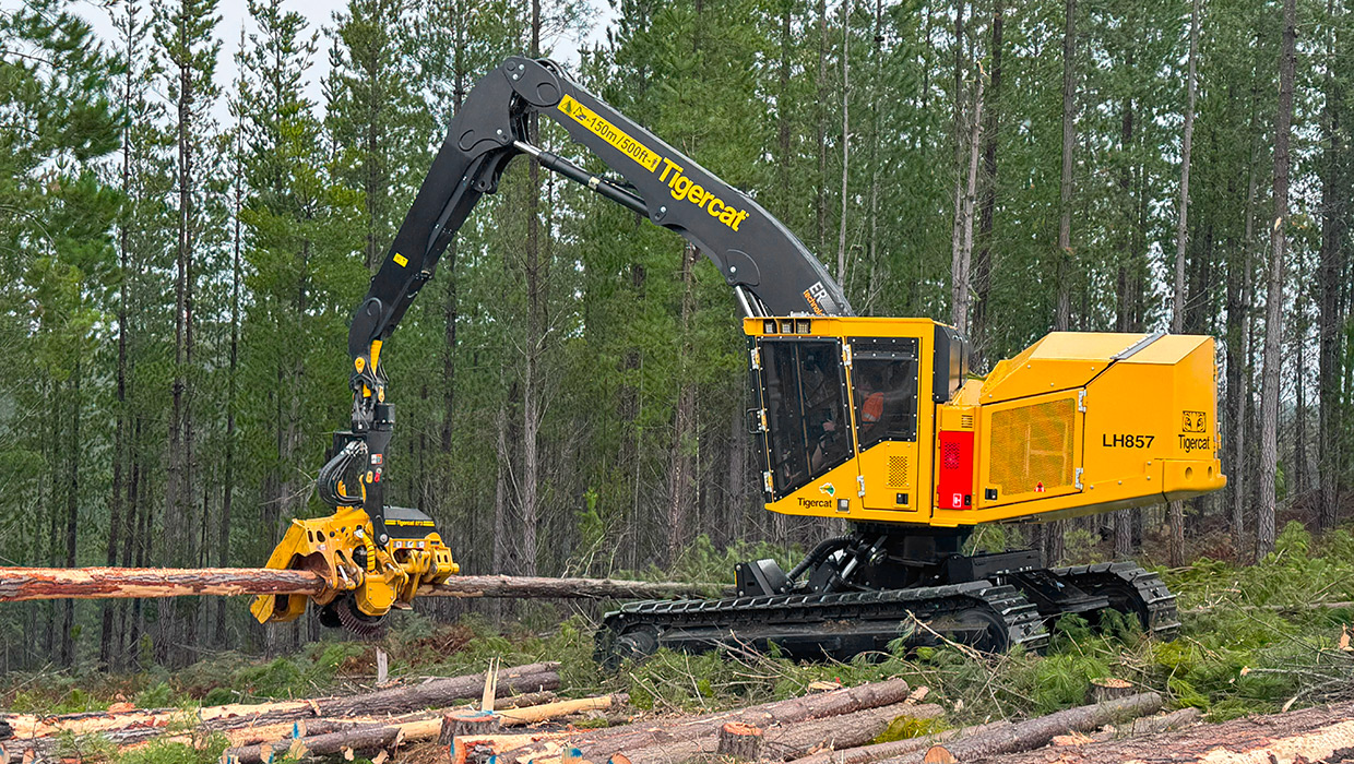 A Tigercat LH857 harvester working in the field