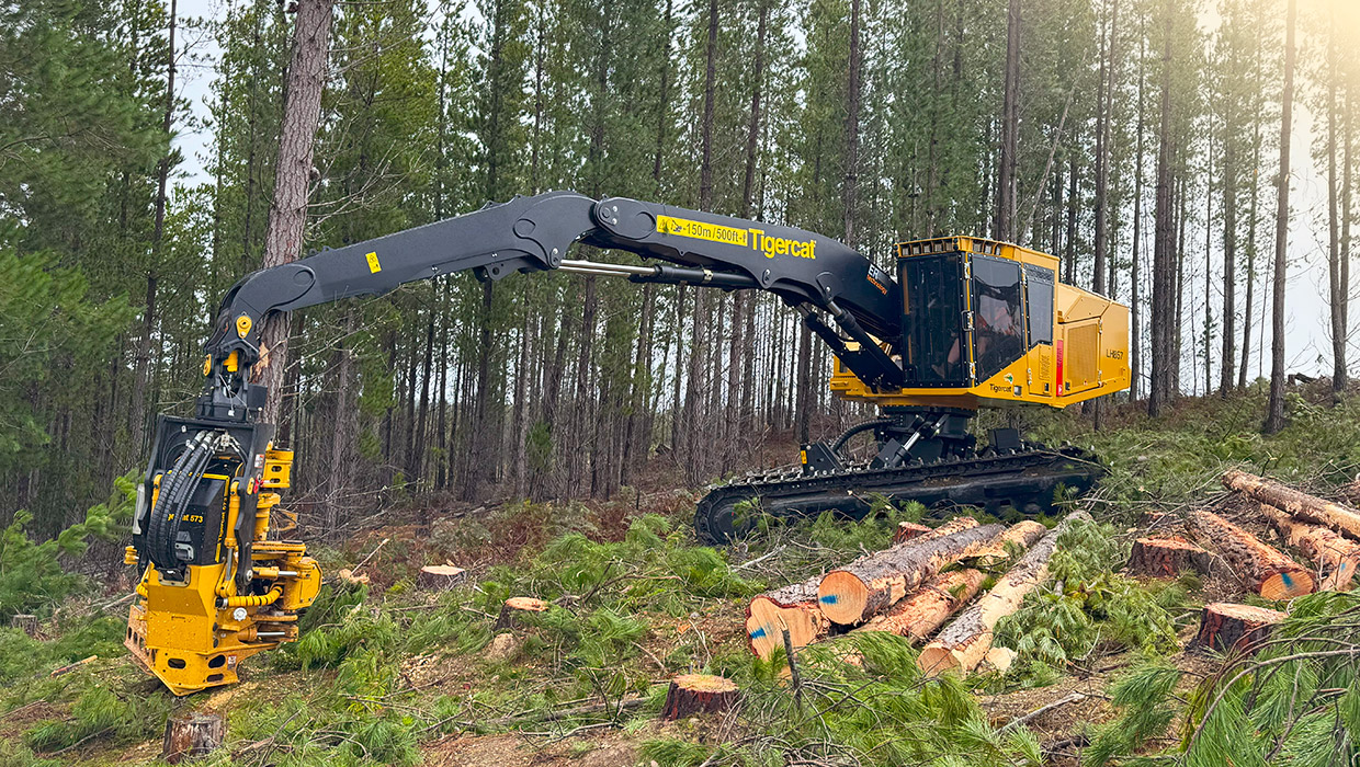 A Tigercat LH857 harvester working in the field