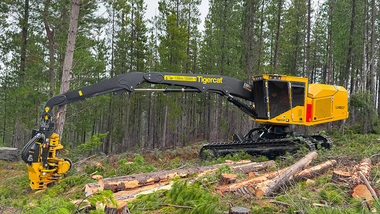 A Tigercat LH857 harvester working in the field