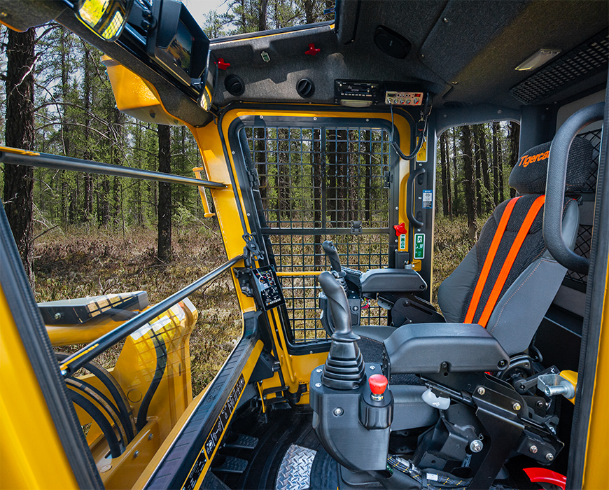 Interior cab of a Tigercat h-series wheel feller buncher