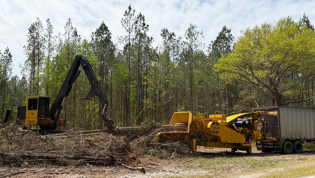 Image of a Tigercat 6440 chipper working in the field.