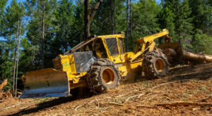 Image of a Tigercat 620H skidder equipped with a six-way blade working in the field